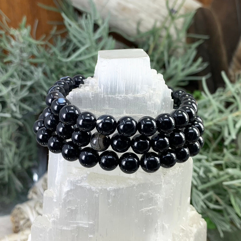 Mala Black Agate Armband Med Sammetspåse