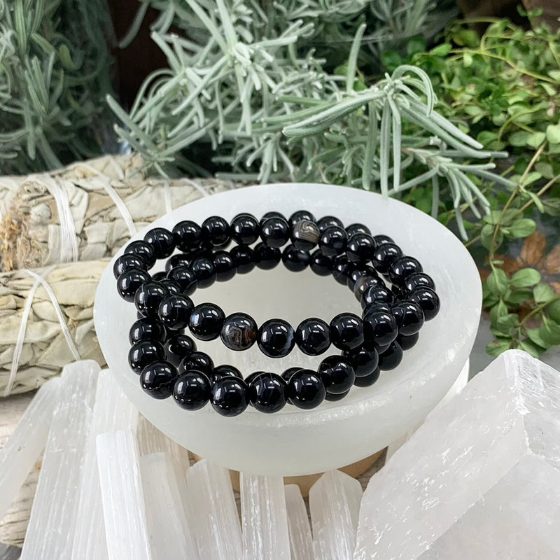 Mala Black Agate Armband Med Sammetspåse