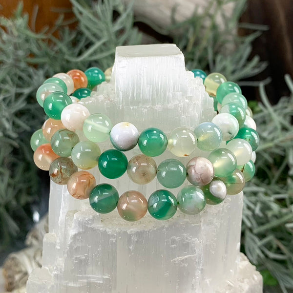 Βραχιόλι Mala Green Cherry Agate με βελούδινο πουγκί