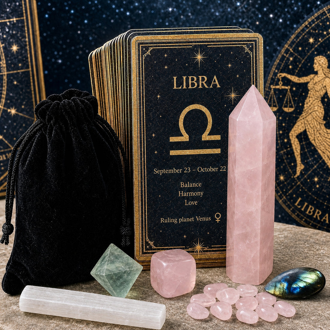 The Libra crystal set: rose quartz point, rose quartz cube, twelve rose quartz minis, green fluorite octahedron, labradorite cabochon, selenite stick and a black velvet pouch in front of a Libra card