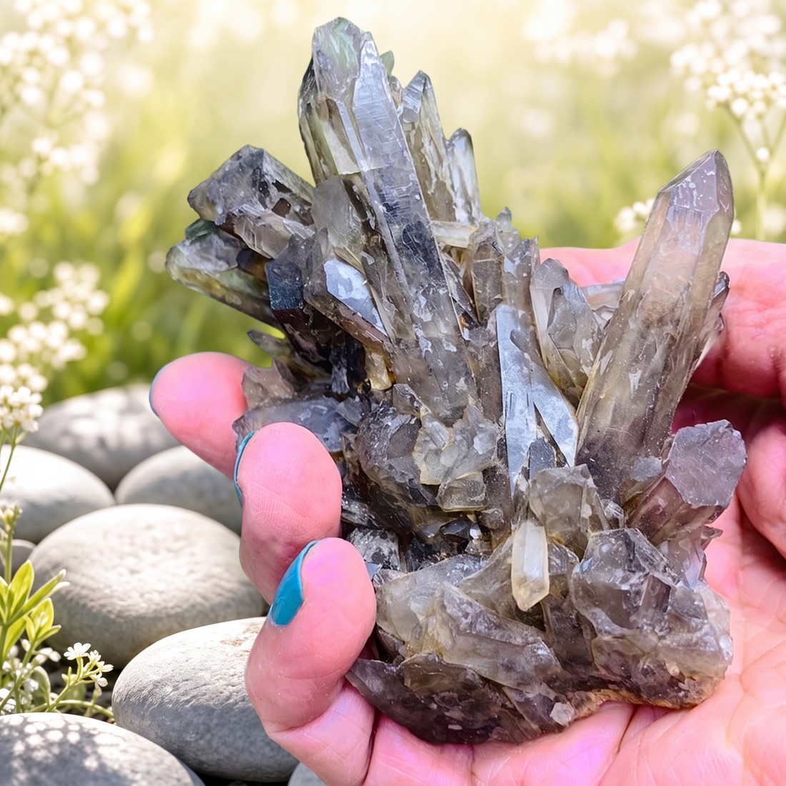 A smoky quartz cluster cradled upright in one hand, showing its size against the palm and fingers