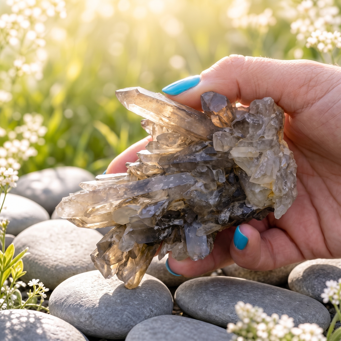 A smoky quartz cluster held sideways in sunlight, its long points glowing from pale champagne to smoky grey