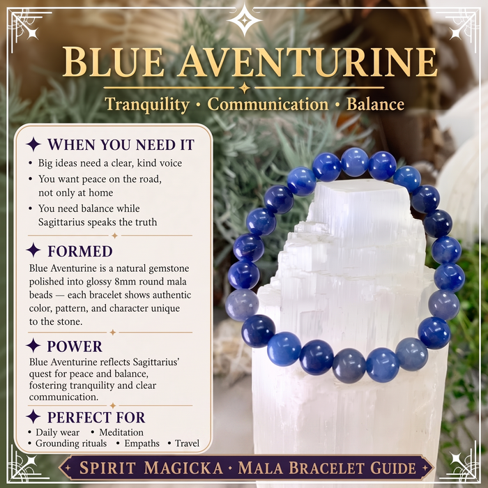 Deep blue aventurine bead bracelet on a selenite tower