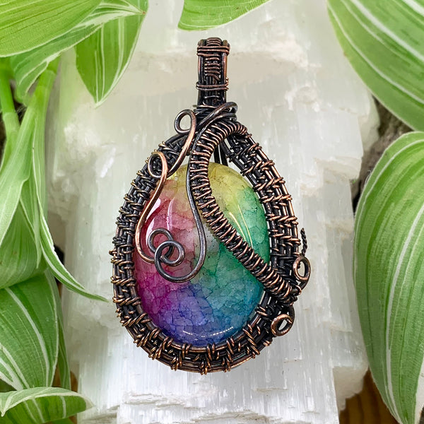 Rainbow Agate Copper Wire Pendant Necklace