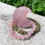 Rose Quartz Crescent Moon Shape + Mala Bracelets Gift Set