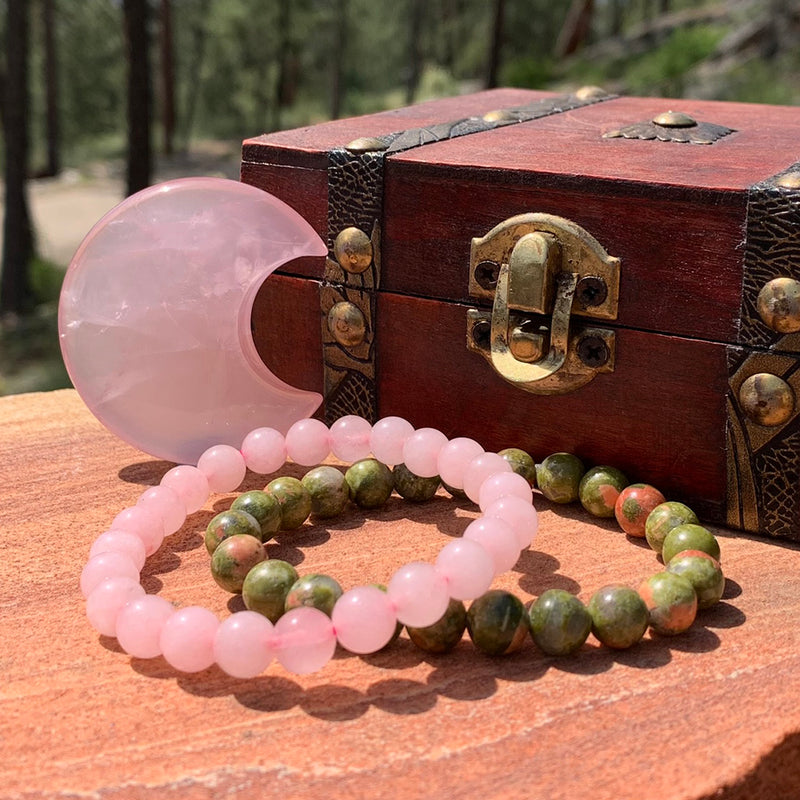 Rose Quartz Crescent Moon Shape + Mala Bracelets Gift Set