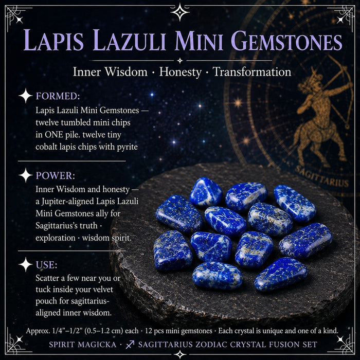 Twelve small tumbled cobalt-blue lapis lazuli stones flecked with gold, on a dark stone dais