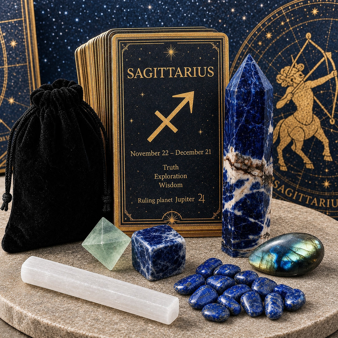 The Sagittarius crystal set in front of a starry backdrop: sodalite point, sodalite cube, lapis lazuli minis, labradorite cabochon, green fluorite octahedron, selenite stick and a black velvet pouch