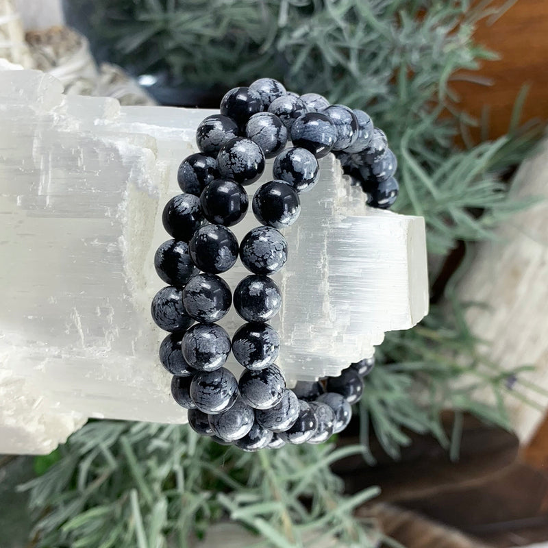 Βραχιόλι Mala Snowflake Obsidian με βελούδινο πουγκί