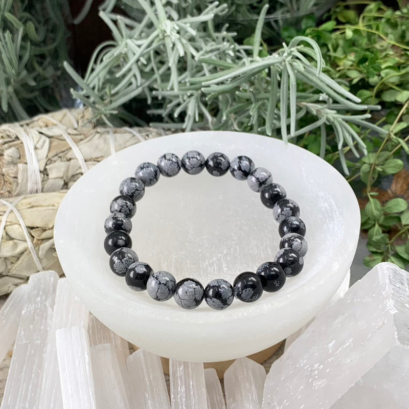 Βραχιόλι Mala Snowflake Obsidian με βελούδινο πουγκί